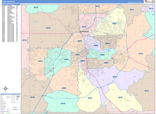 Fort Wayne City Wall Map Color Cast Style